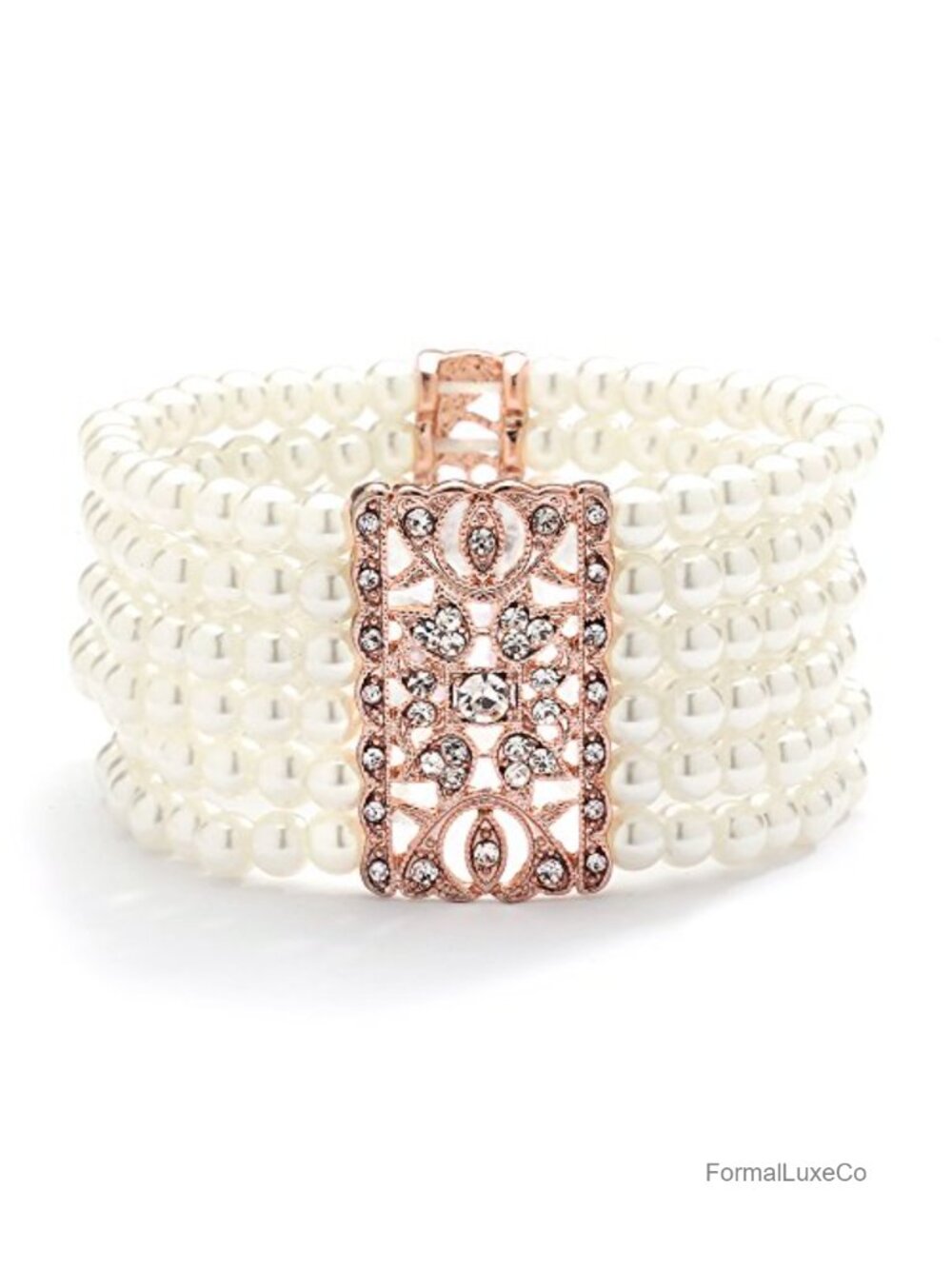 14K Rose Gold Plated Crystal Pearl Stretch Cuff Bracelet Vintage Wedding